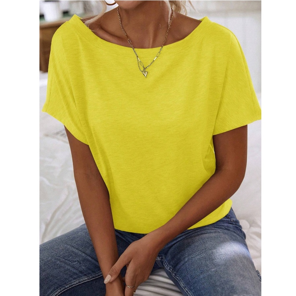 Boat Neck Batwing Sleeve Yellow Tee Shirt Short Sleeve - Picture 2 of 9